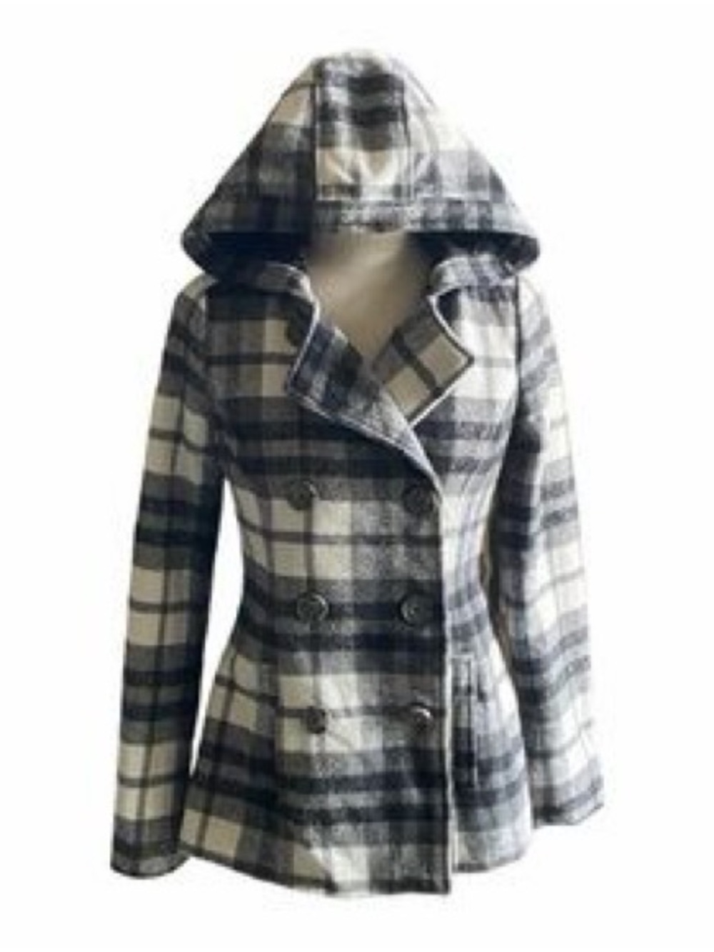 Aeropostale Gray & Cream Plaid Hooded Double-Breasted Pea Coat